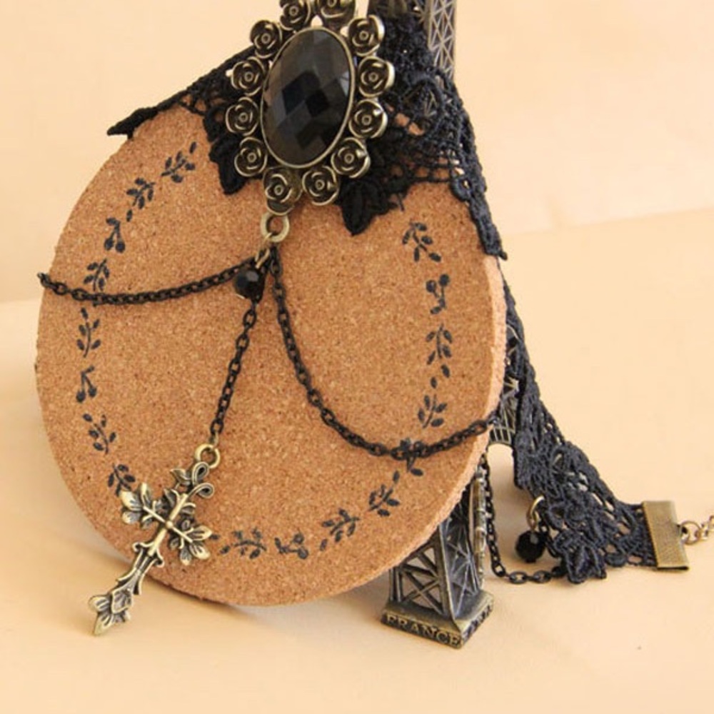 Black Lace Choker with Cross Charms